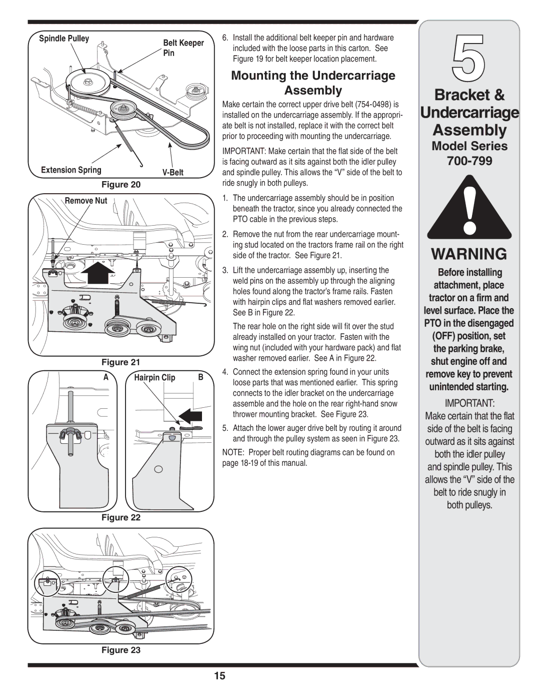 Yard Machines OEM-190-032 warranty Mounting the Undercarriage Assembly, Pin, Remove Nut Hairpin Clip 