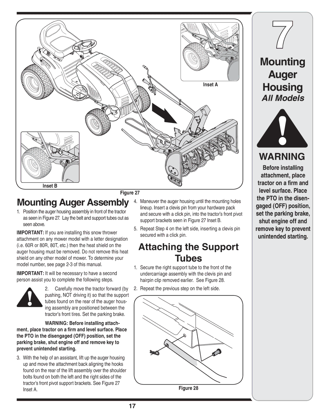 Yard Machines OEM-190-032 warranty Mounting Auger Housing, Attaching the Support Tubes, Inset a Inset B 