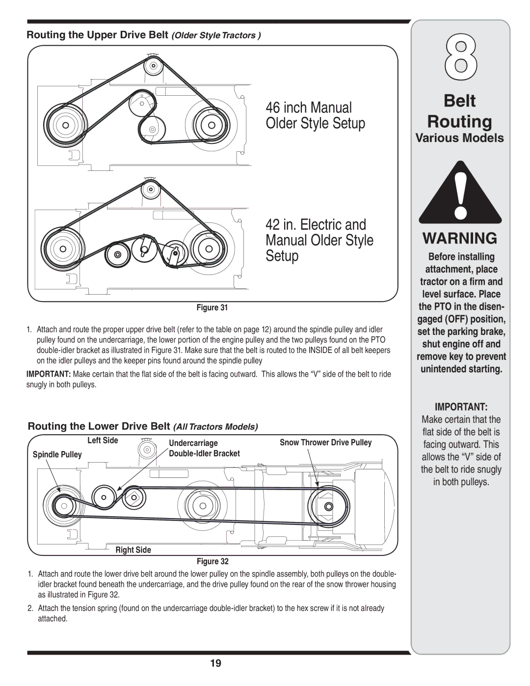 Yard Machines OEM-190-032 warranty Routing the Upper Drive Belt Older Style Tractors, Left Side Undercarriage 