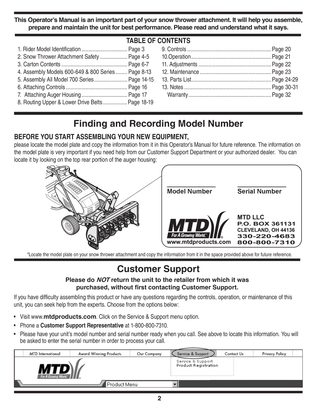 Yard Machines OEM-190-032 warranty Finding and Recording Model Number, Customer Support 