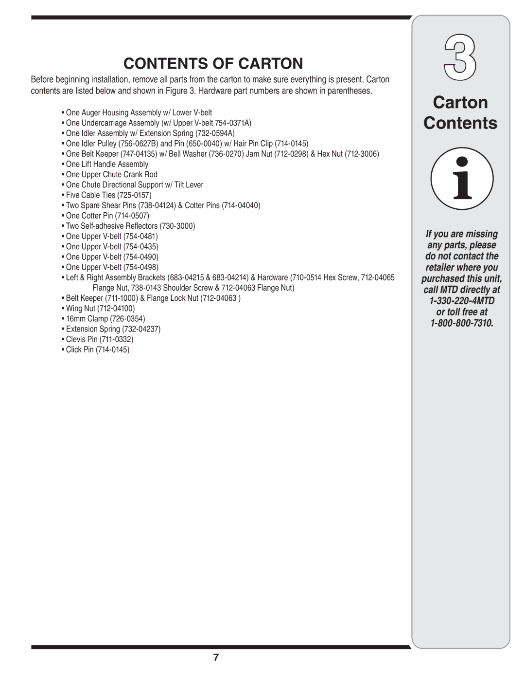 Yard Machines OEM-190-032 warranty Contents of Carton 