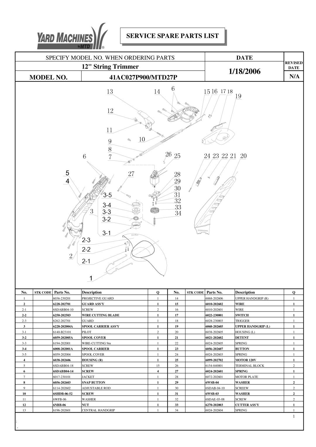 Yard Machines WLA-G54 manual 18/2006, Service Spare Parts List, String Trimmer, Model no, 41AC027P900/MTD27P 