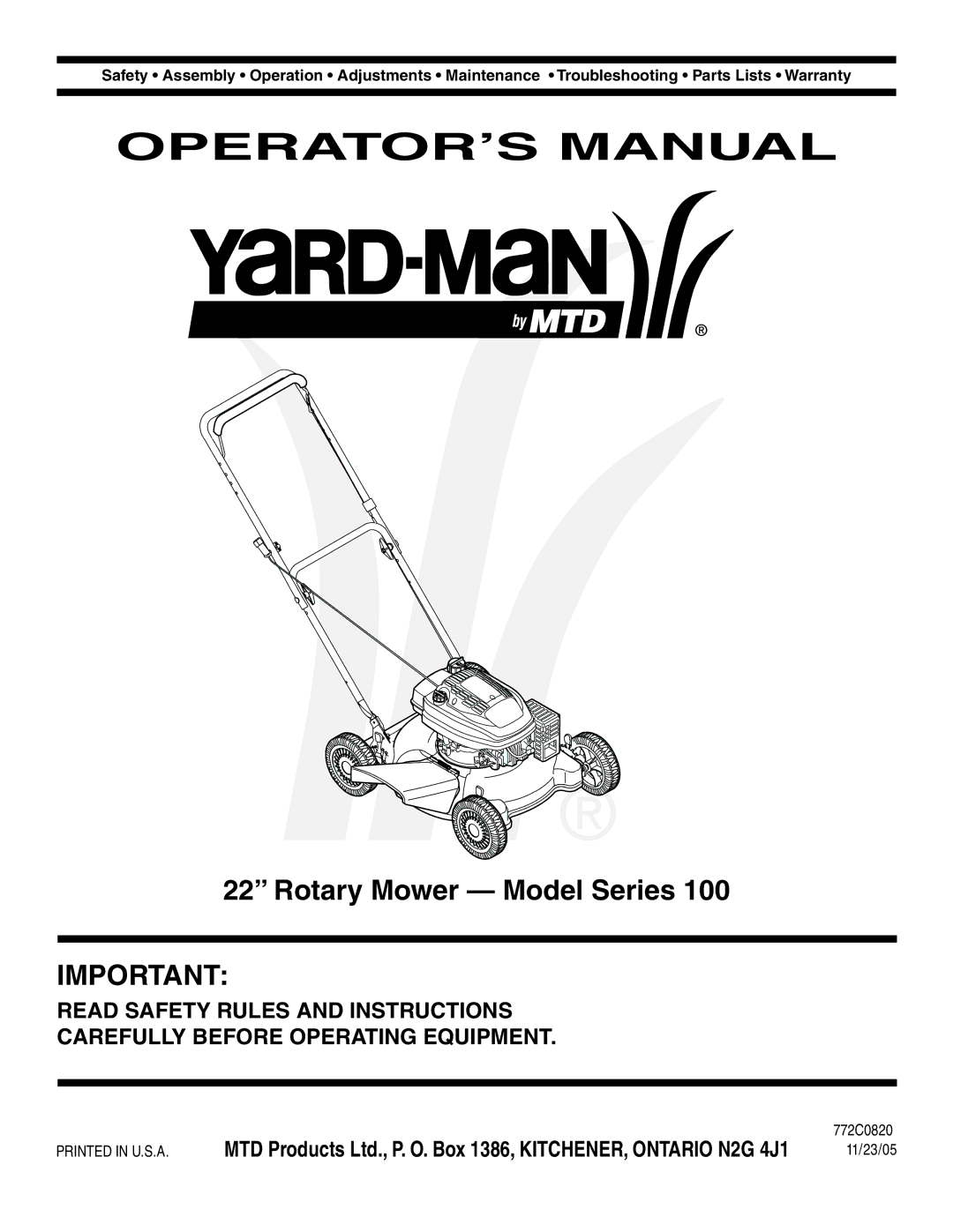 Yard-Man 100 manual OPERATOR’S Manual, Rotary Mower Model Series 