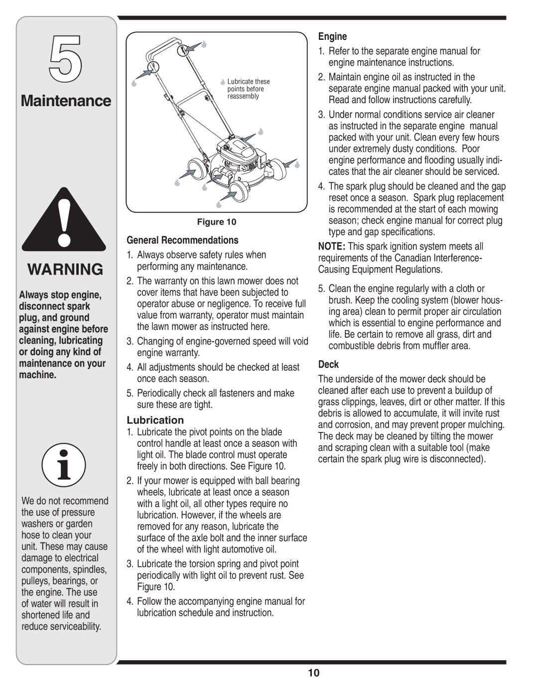 Yard-Man 100 manual Maintenance, General Recommendations, Lubrication, Engine, Deck 