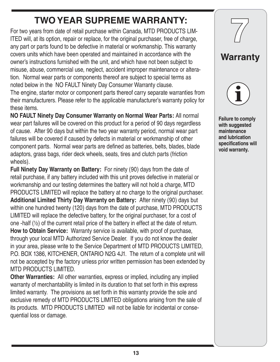 Yard-Man 100 manual TWO Year Supreme Warranty 