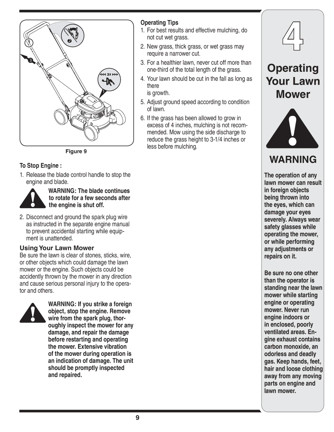 Yard-Man 100 manual To Stop Engine, Using Your Lawn Mower, Operating Tips 