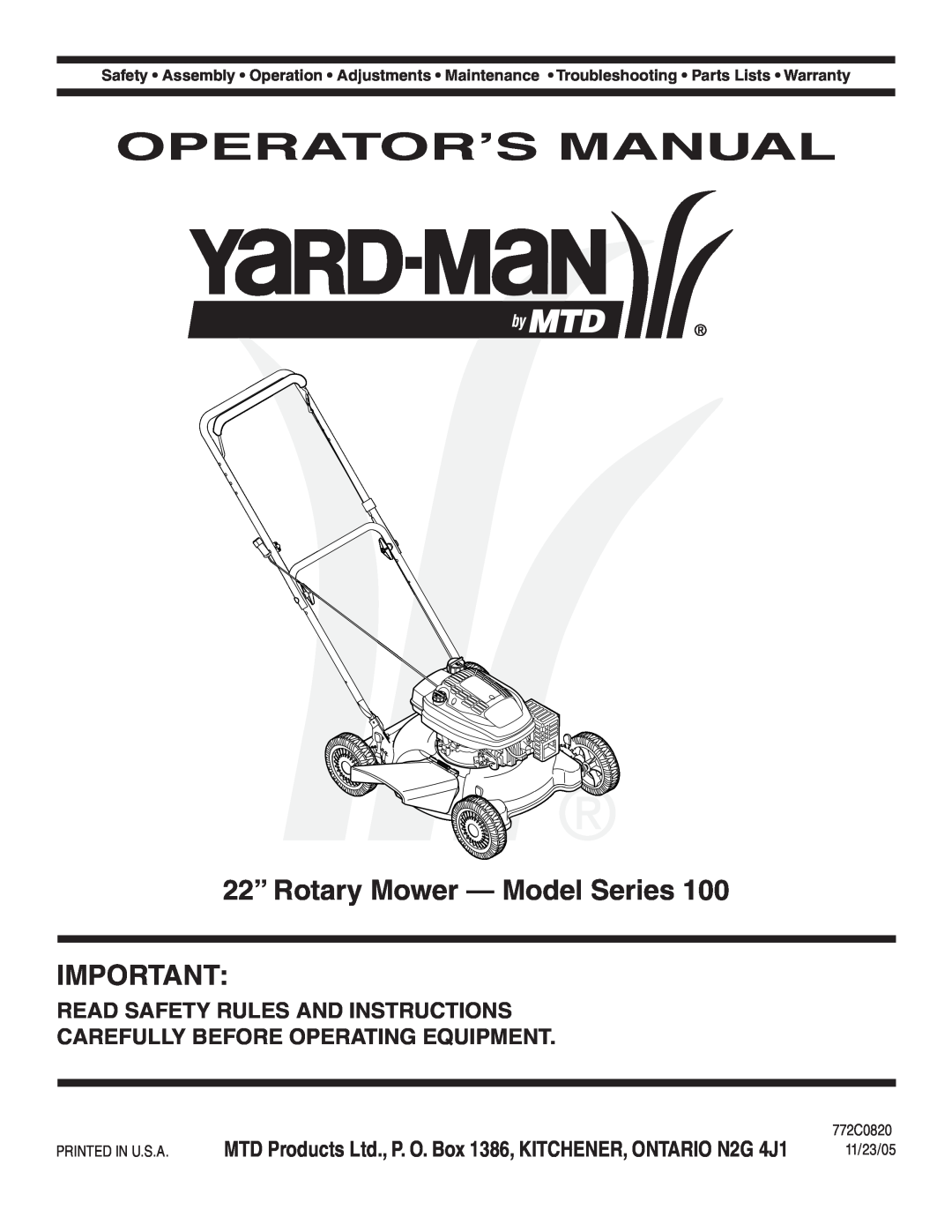 Yard-Man 100 manual Operator’S Manual, 22” Rotary Mower - Model Series, Read Safety Rules And Instructions 