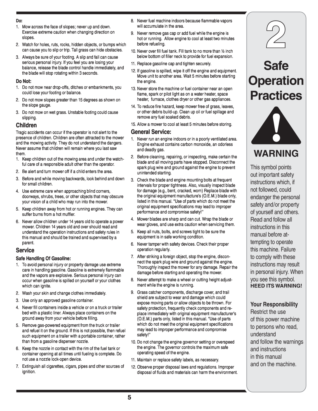 Yard-Man 100 manual Safe Operation Practices, Children, General Service, Do Not, Safe Handling Of Gasoline 