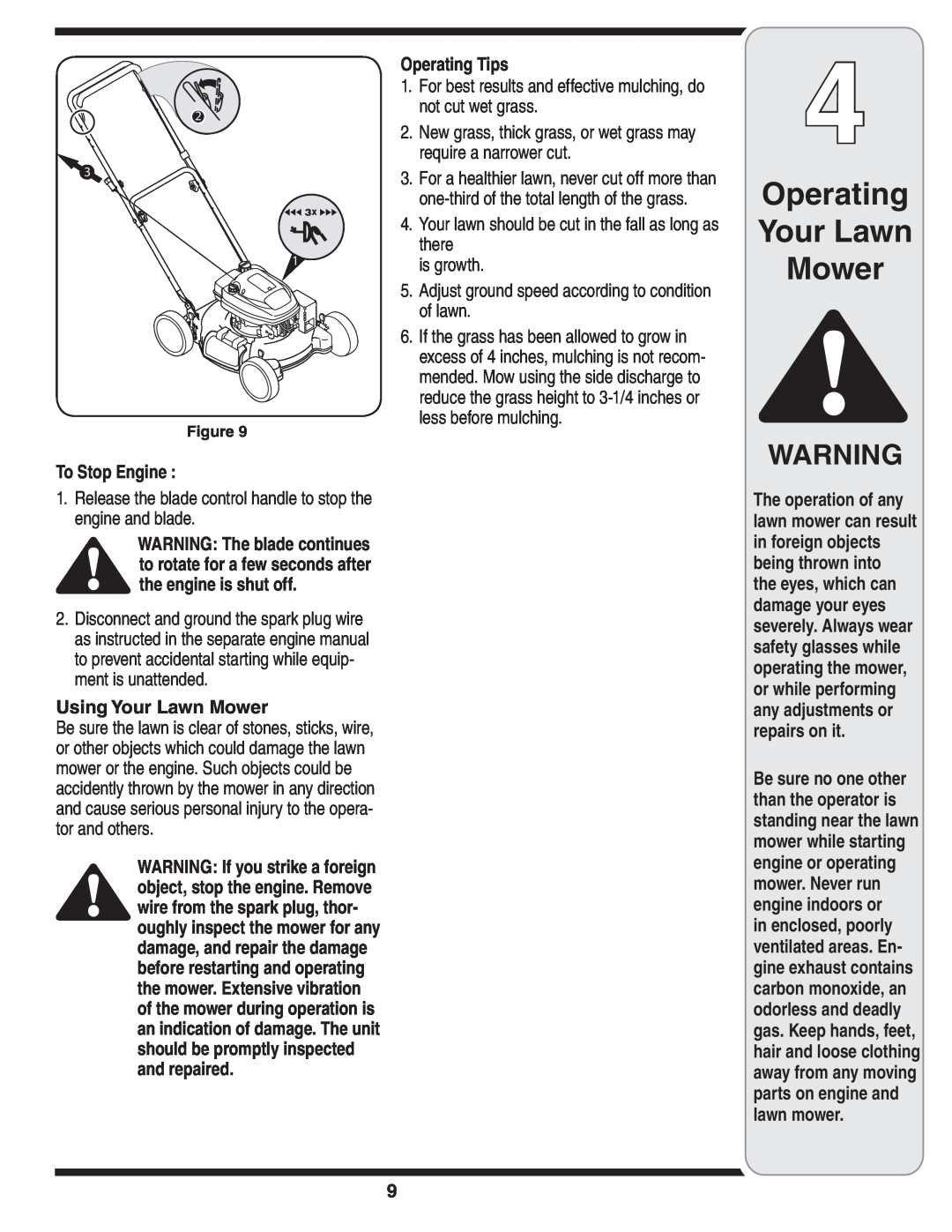 Yard-Man 100 manual To Stop Engine, Using Your Lawn Mower, Operating Tips, Operating Your Lawn Mower 