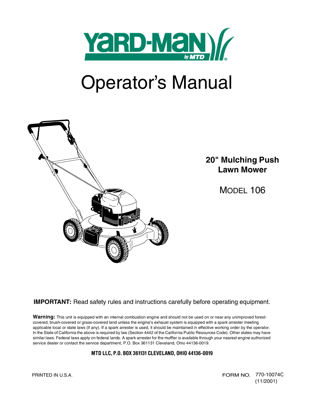 Yard-Man 106 manual Operator’s Manual 