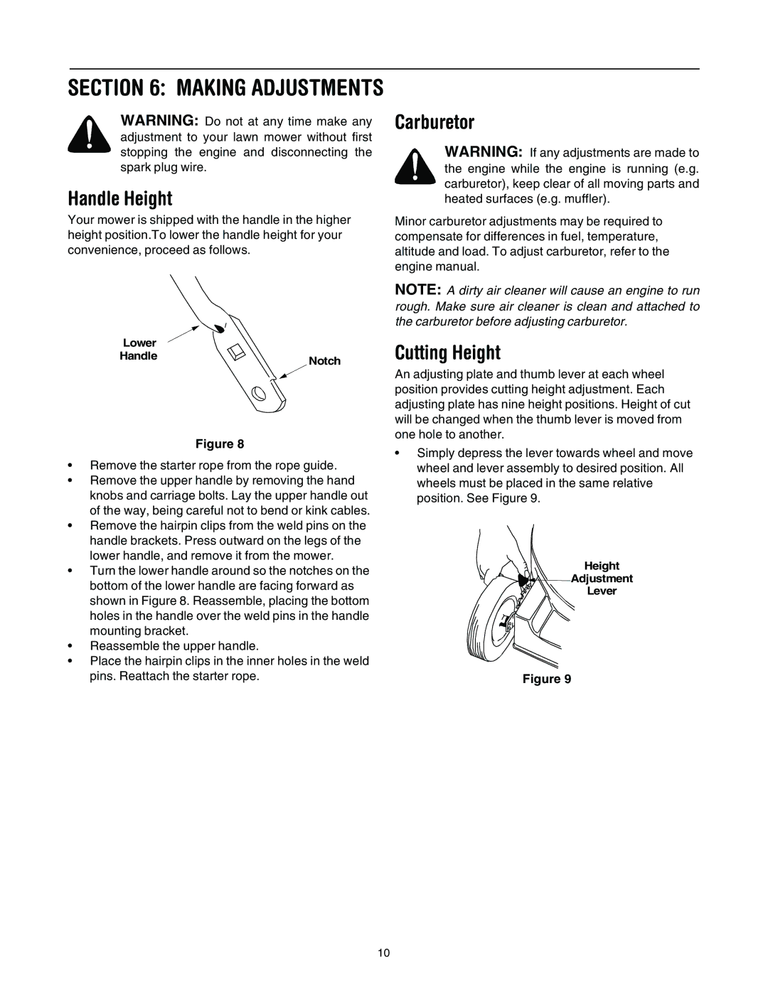 Yard-Man 106 manual Handle Height, Carburetor, Cutting Height 