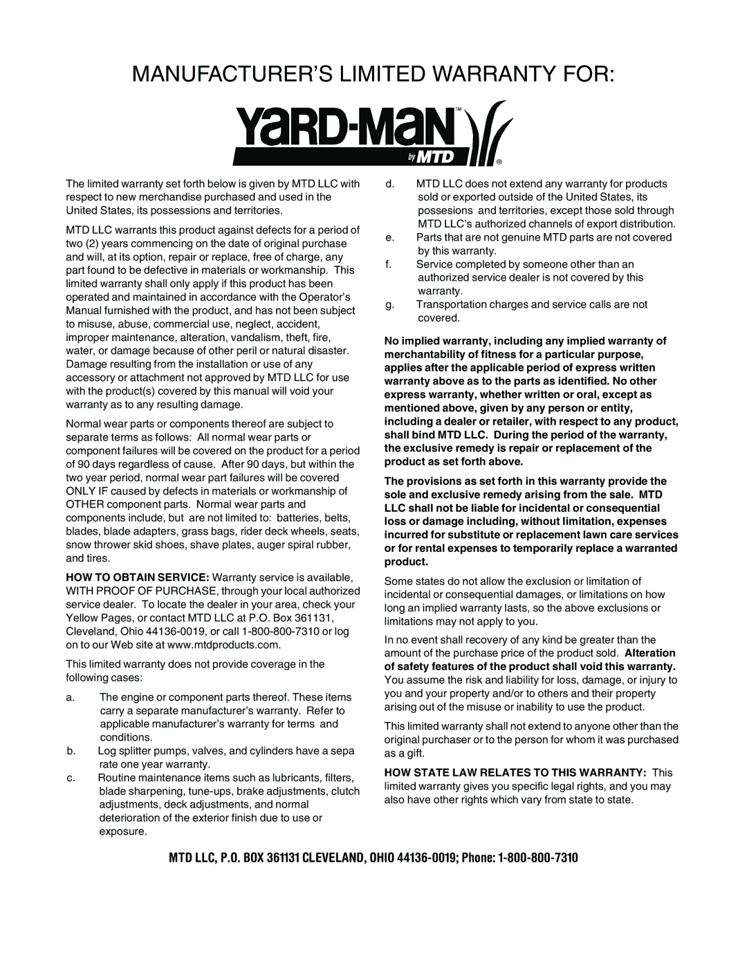 Yard-Man 106 manual MANUFACTURER’S Limited Warranty for 