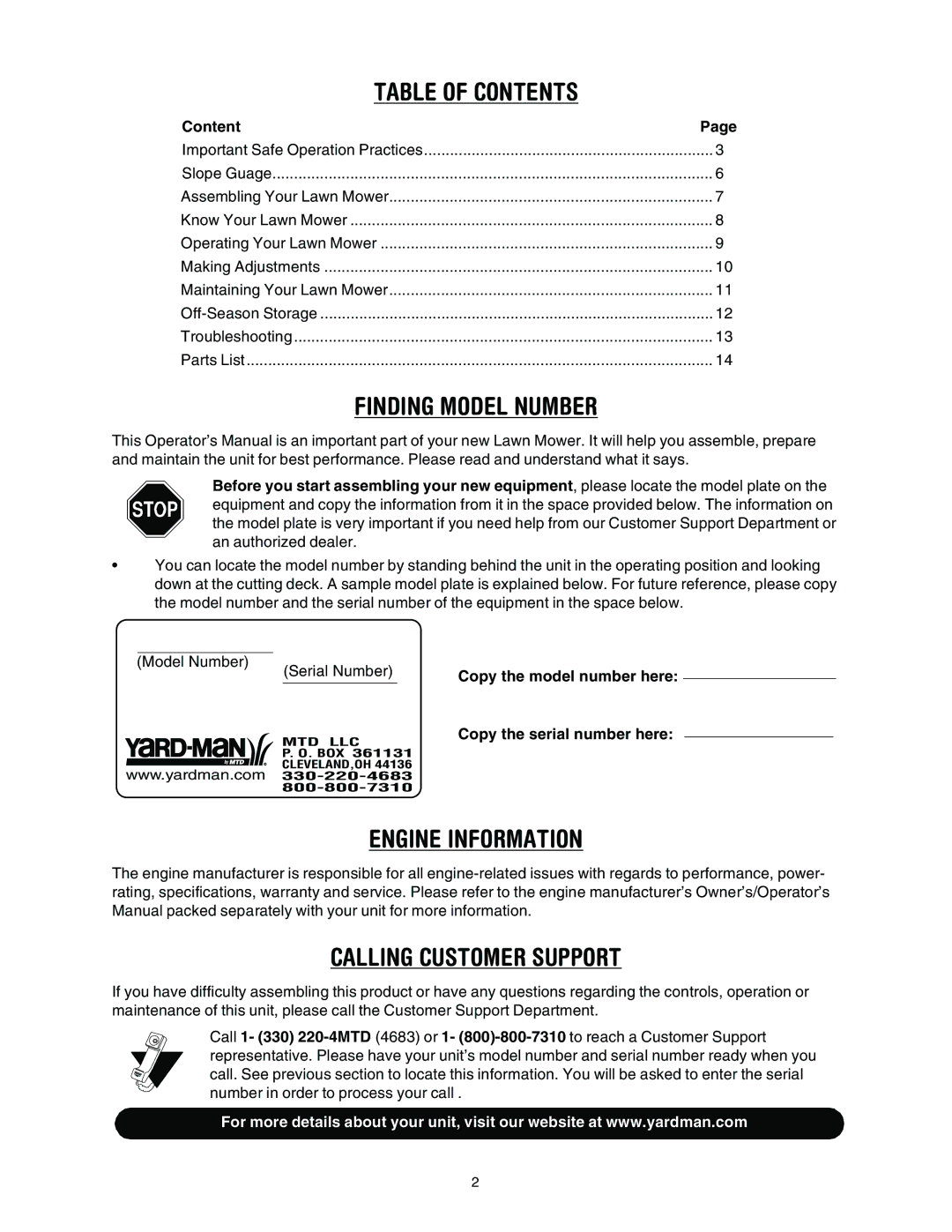 Yard-Man 106 manual Table of Contents 