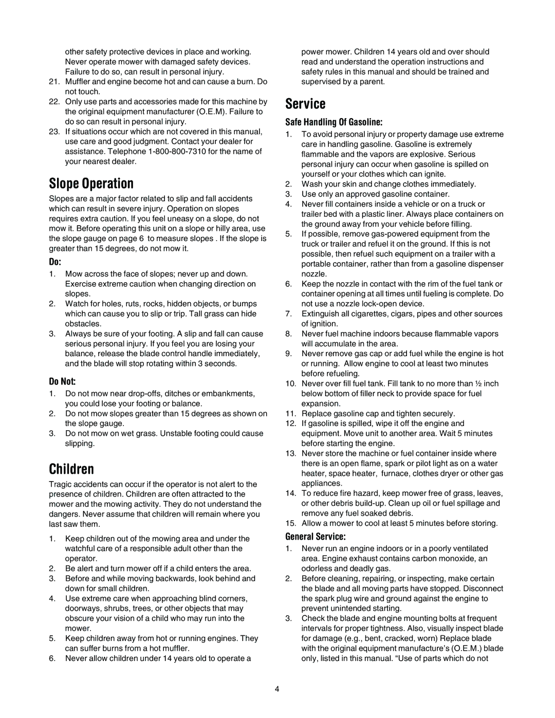 Yard-Man 106 manual Slope Operation, Children, Service 