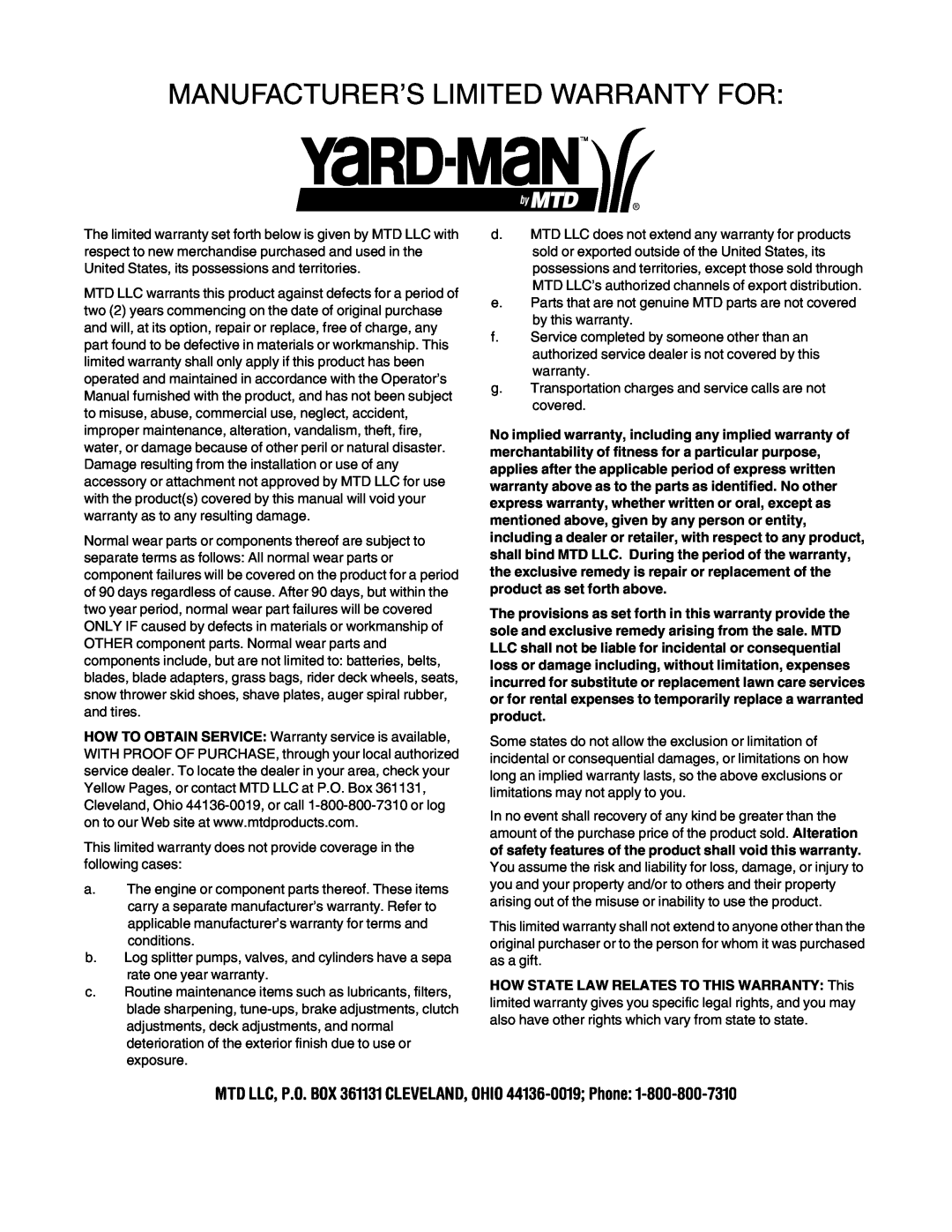 Yard-Man 106D manual Manufacturer’S Limited Warranty For 