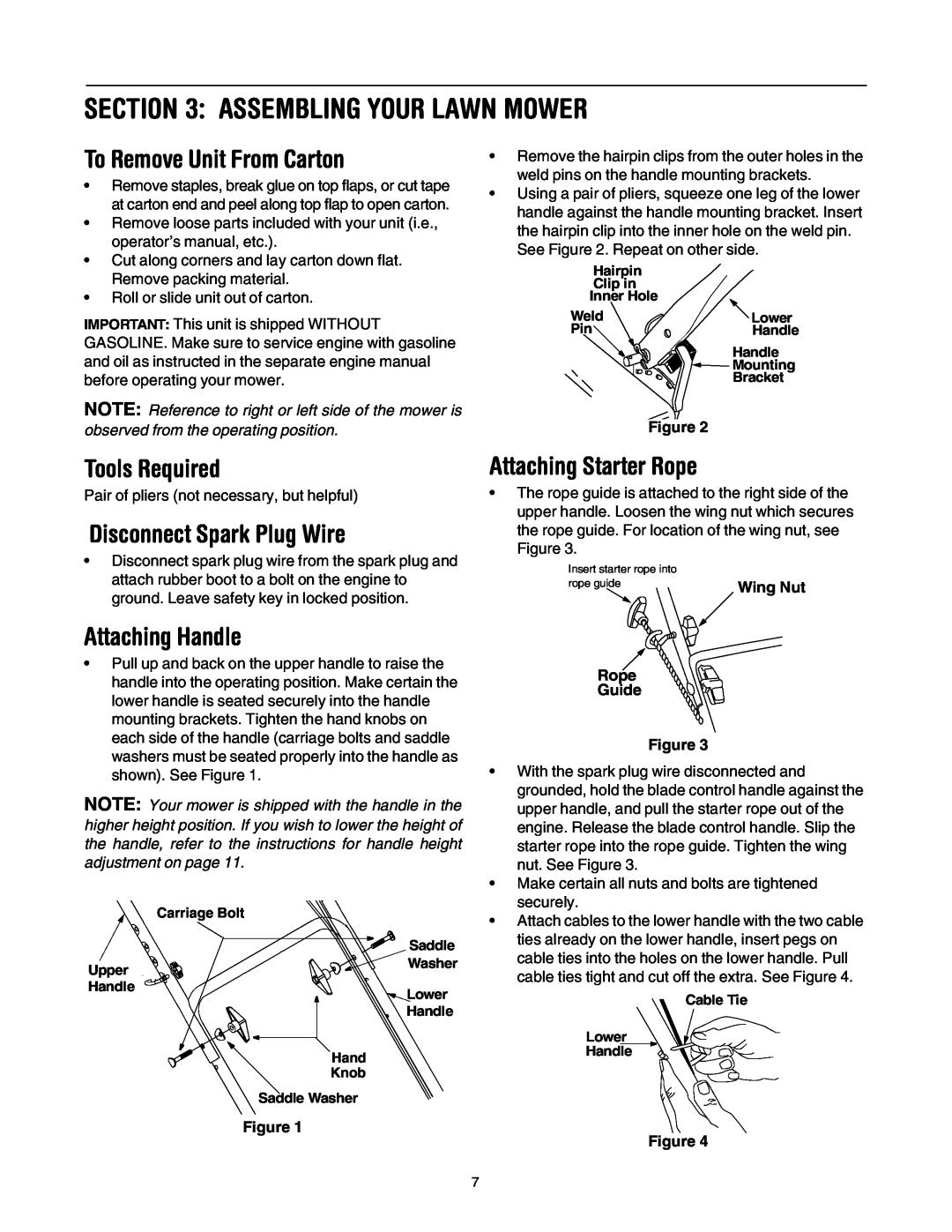 Yard-Man 106D Assembling Your Lawn Mower, To Remove Unit From Carton, Tools Required, Disconnect Spark Plug Wire, Wing Nut 