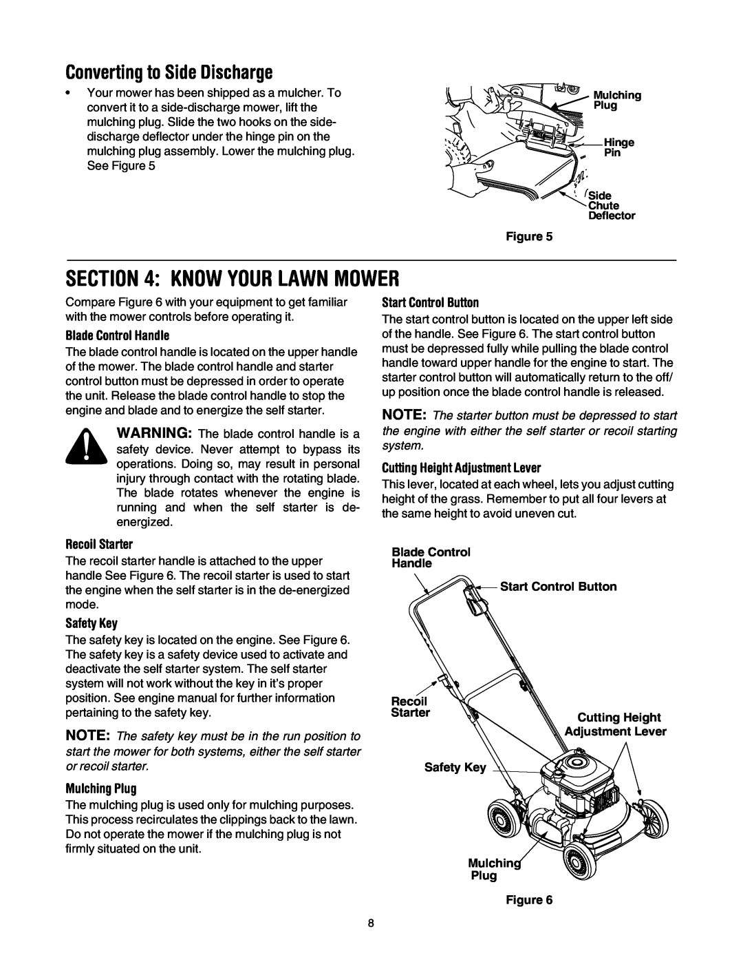 Yard-Man 106D manual Know Your Lawn Mower, Converting to Side Discharge, Blade Control Handle, Recoil Starter, Safety Key 