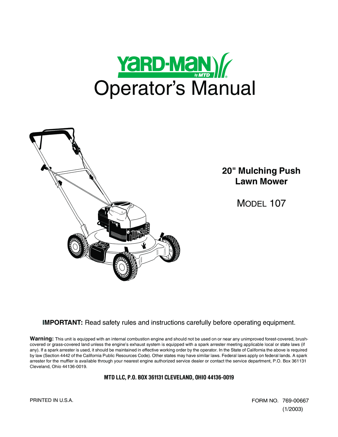 Yard-Man 107 manual Operator’s Manual 