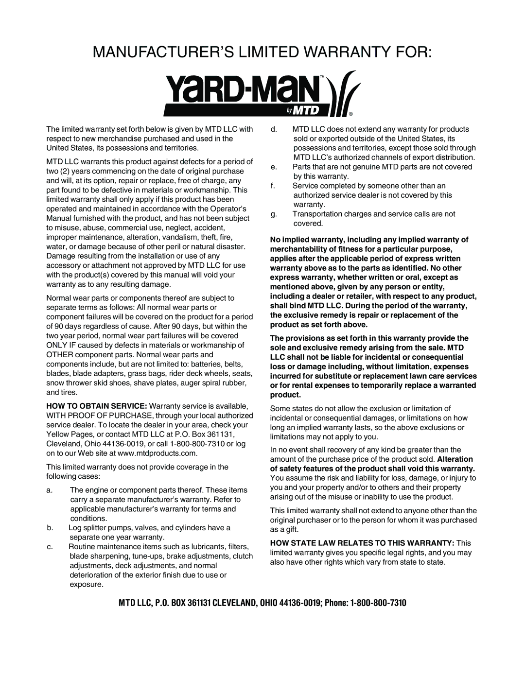 Yard-Man 107 manual MANUFACTURER’S Limited Warranty for 