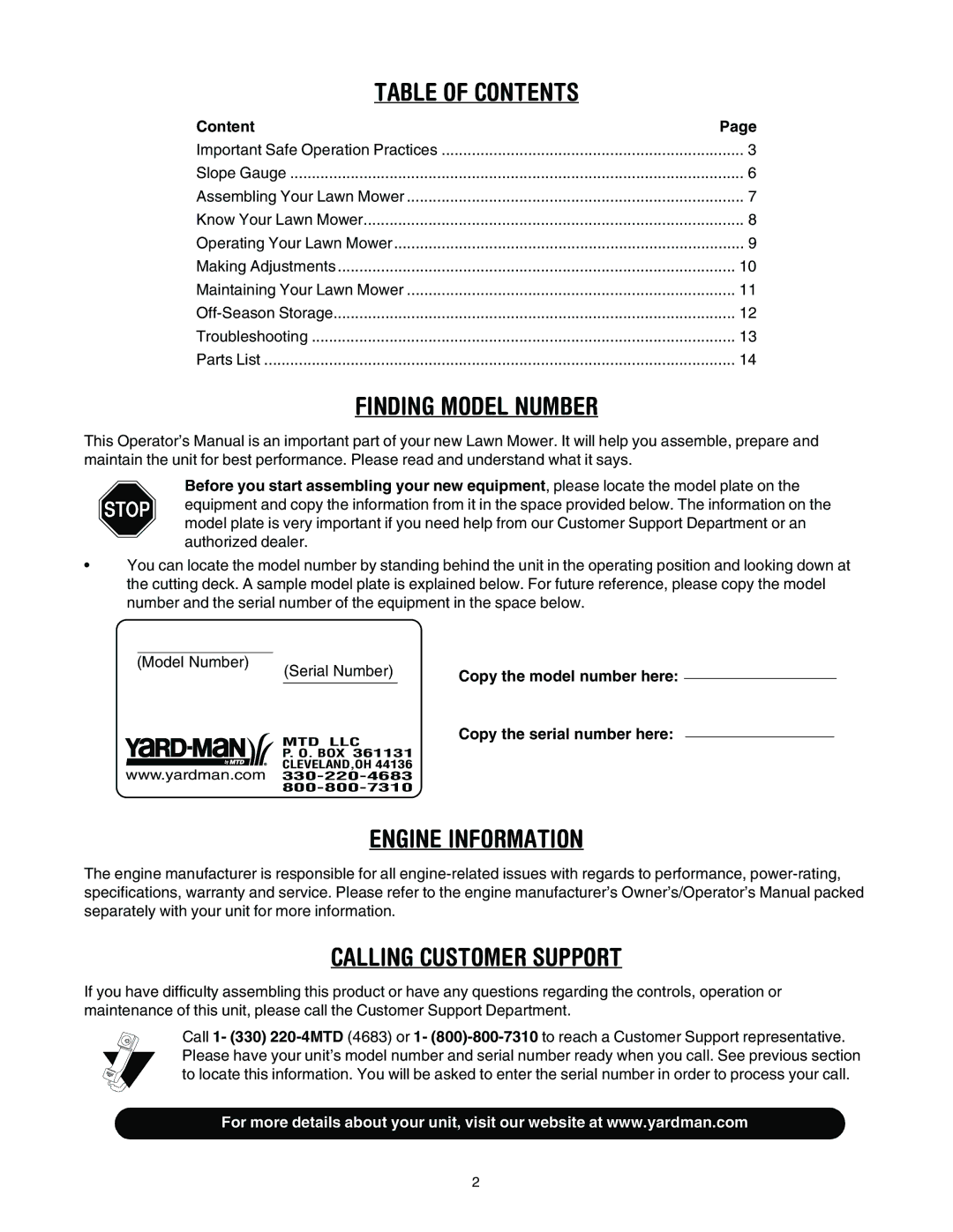 Yard-Man 107 manual Table of Contents 