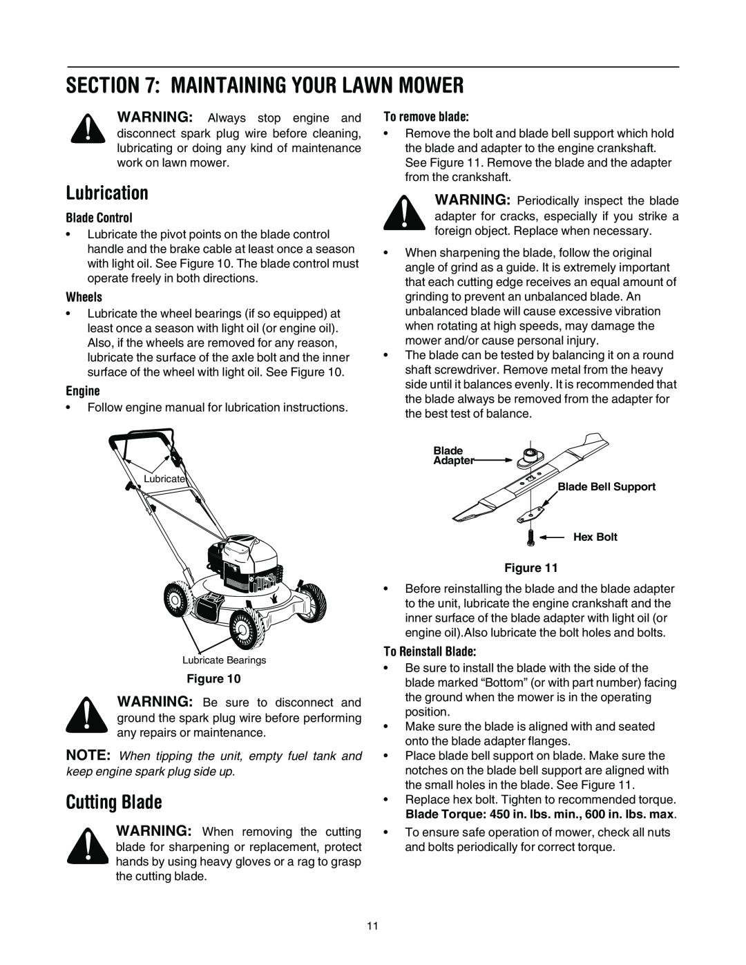 Yard-Man 107 manual Maintaining Your Lawn Mower, Lubrication, Cutting Blade, To remove blade, Blade Control, Wheels, Engine 