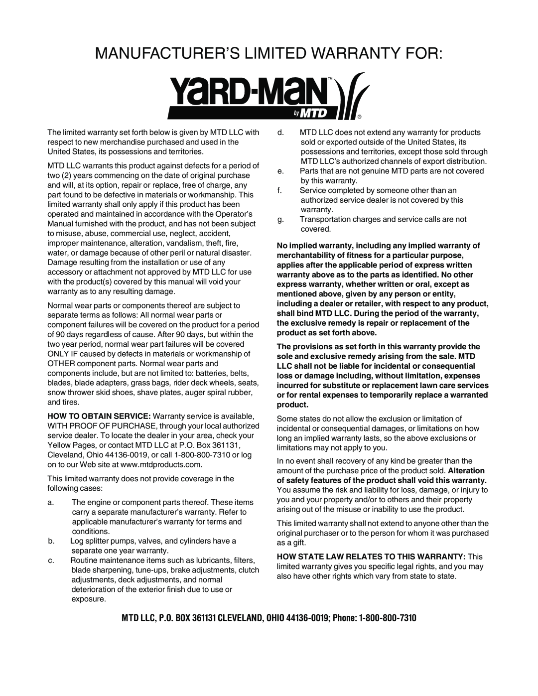 Yard-Man 107 manual Manufacturer’S Limited Warranty For 