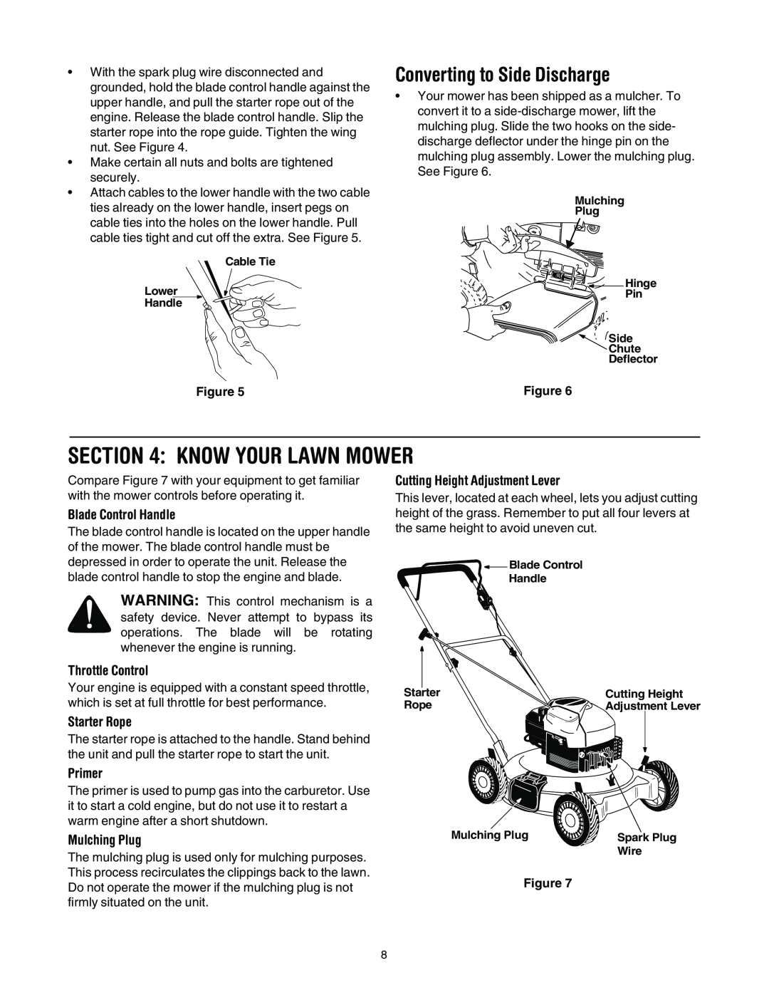 Yard-Man 107 Know Your Lawn Mower, Converting to Side Discharge, Blade Control Handle, Throttle Control, Starter Rope 