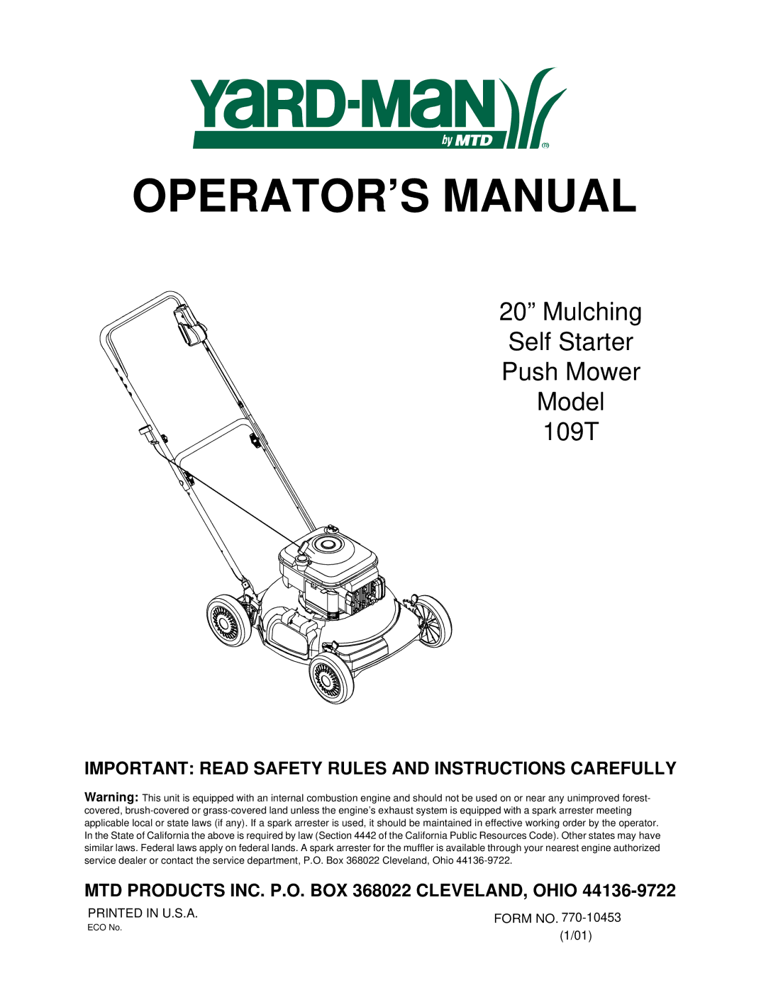 Yard-Man 109T manual OPERATOR’S Manual 