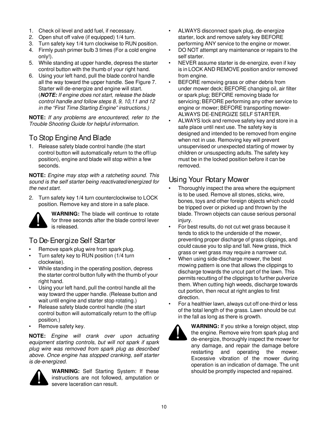 Yard-Man 109T manual To Stop Engine And Blade, To De-Energize Self Starter, Using Your Rotary Mower 