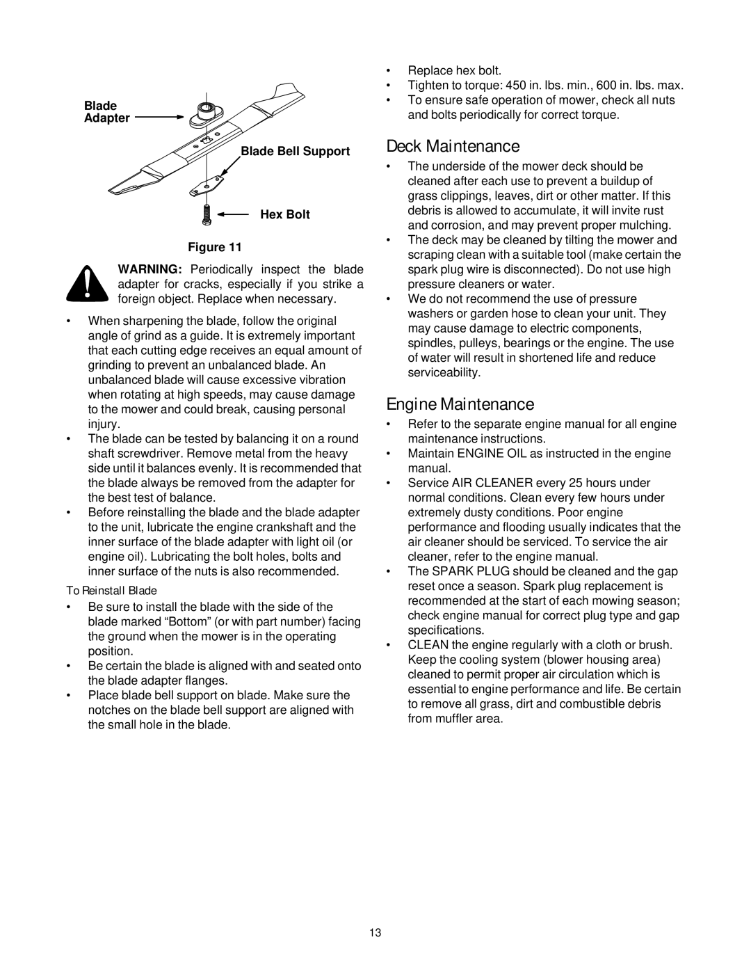 Yard-Man 109T manual Deck Maintenance, Engine Maintenance, To Reinstall Blade, Blade Adapter Blade Bell Support Hex Bolt 