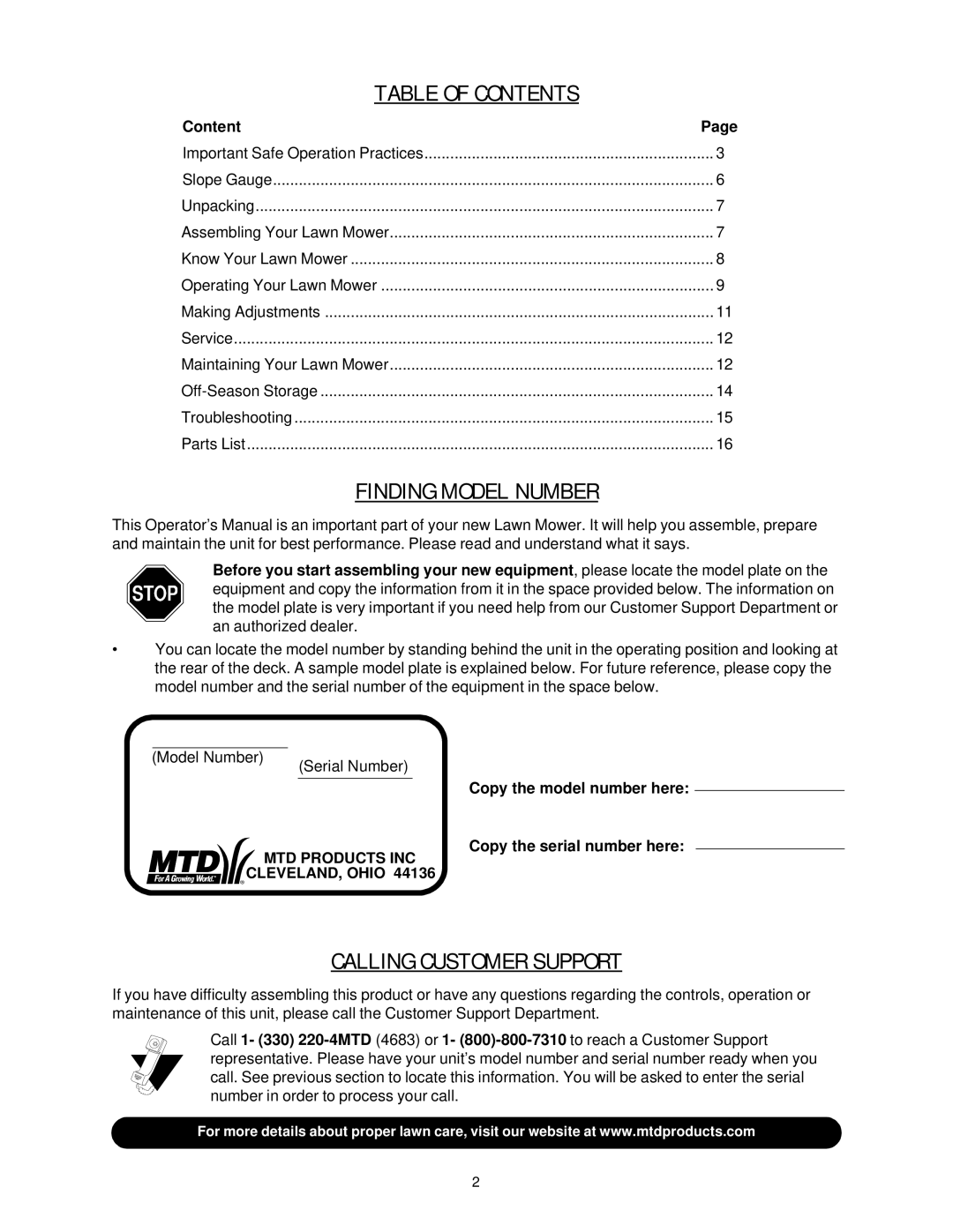 Yard-Man 109T manual Table of Contents 