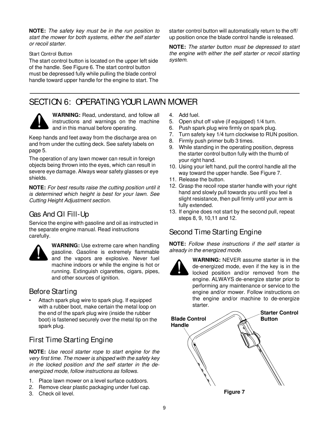 Yard-Man 109T manual Operating Your Lawn Mower, Gas And Oil Fill-Up, Before Starting, First Time Starting Engine 