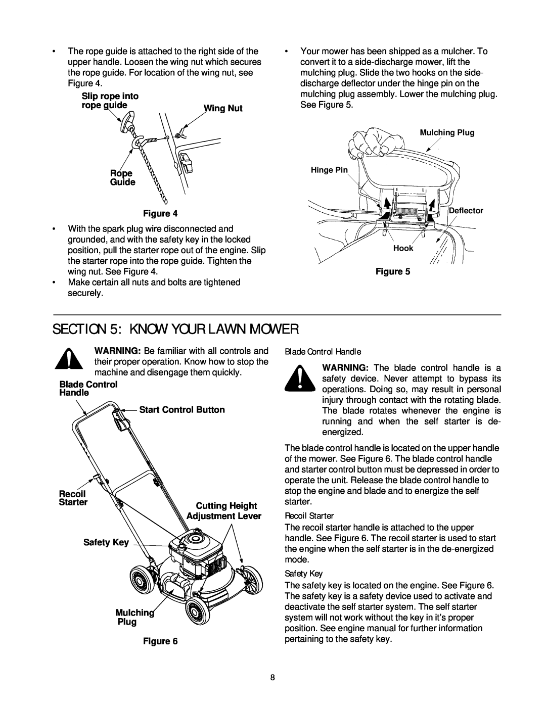 Yard-Man 109T manual Know Your Lawn Mower, Blade Control Handle, Recoil Starter, Safety Key 