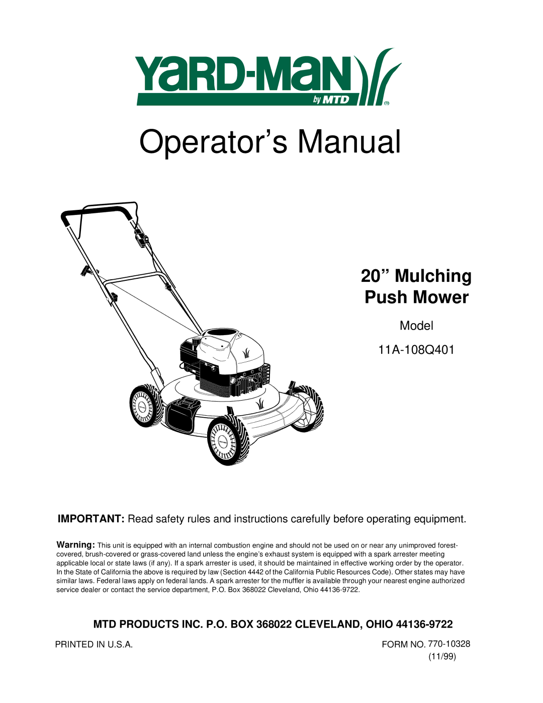 Yard-Man 11A-108Q401 manual Operator’s Manual 