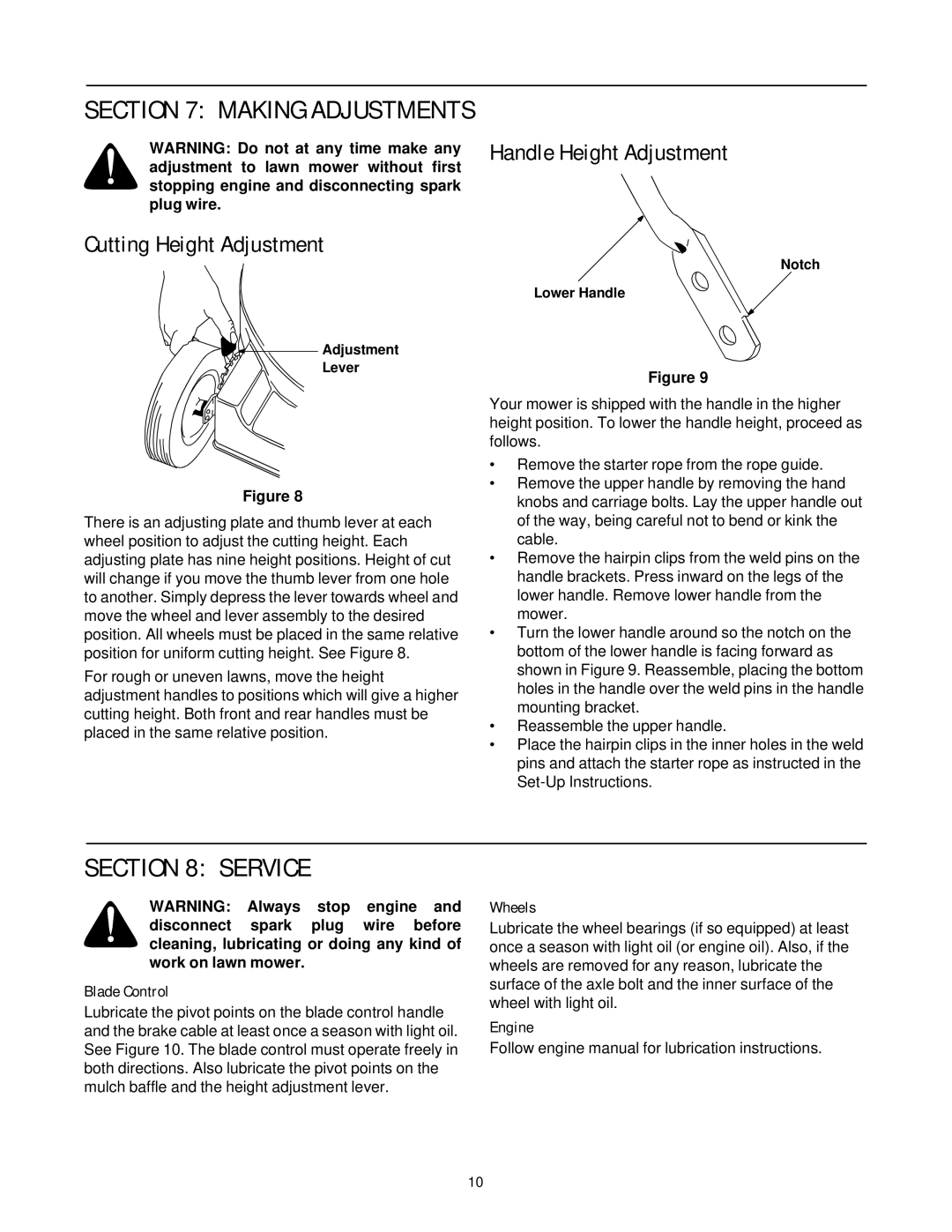 Yard-Man 11A-108Q401 manual Service, Cutting Height Adjustment, Handle Height Adjustment 