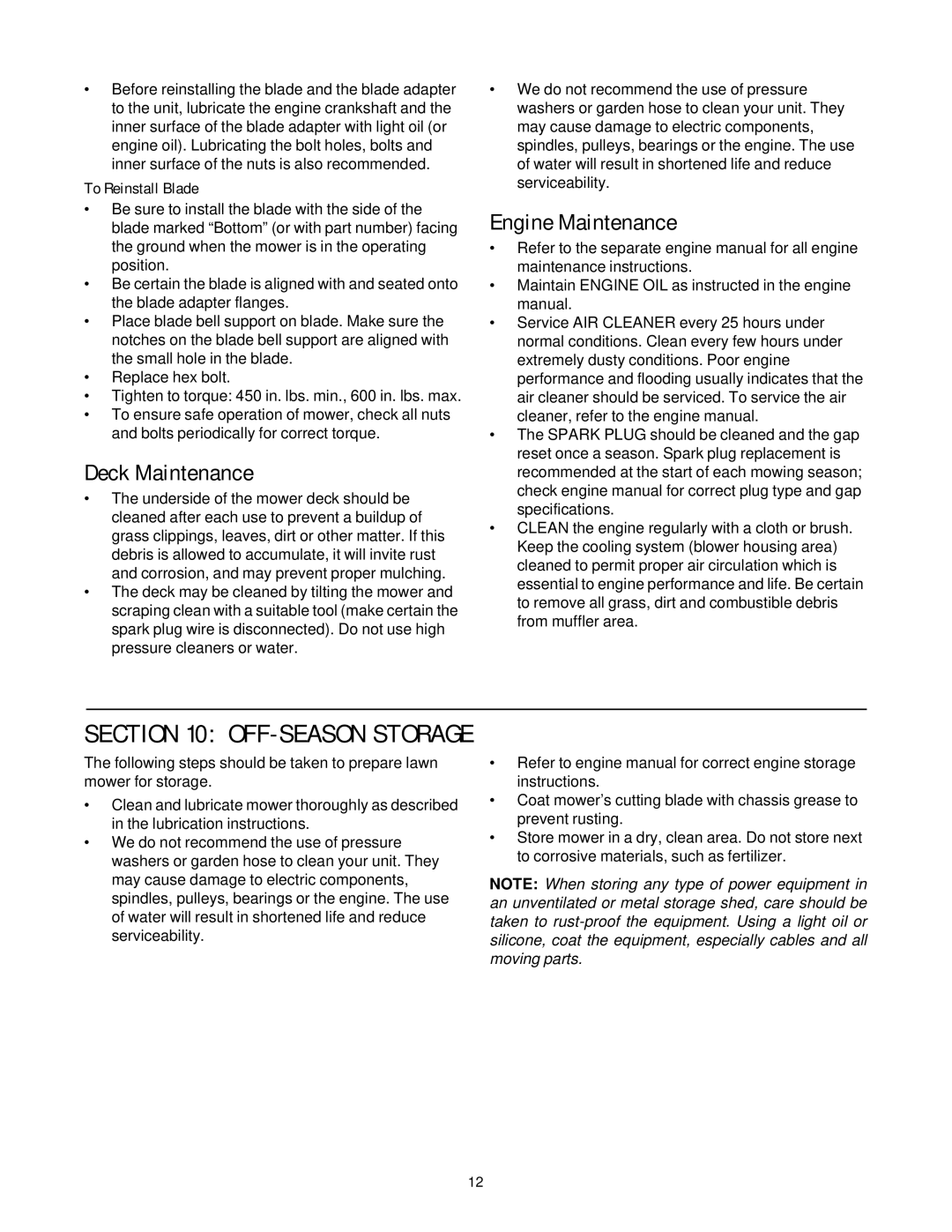 Yard-Man 11A-108Q401 manual Deck Maintenance, Engine Maintenance, To Reinstall Blade 