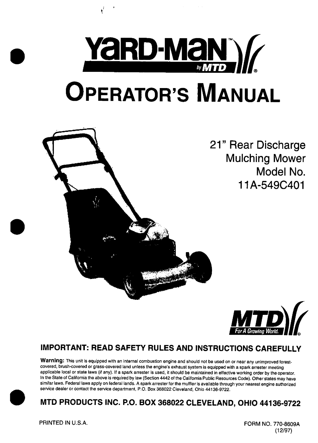 Yard-Man 11A-549C401 manual 