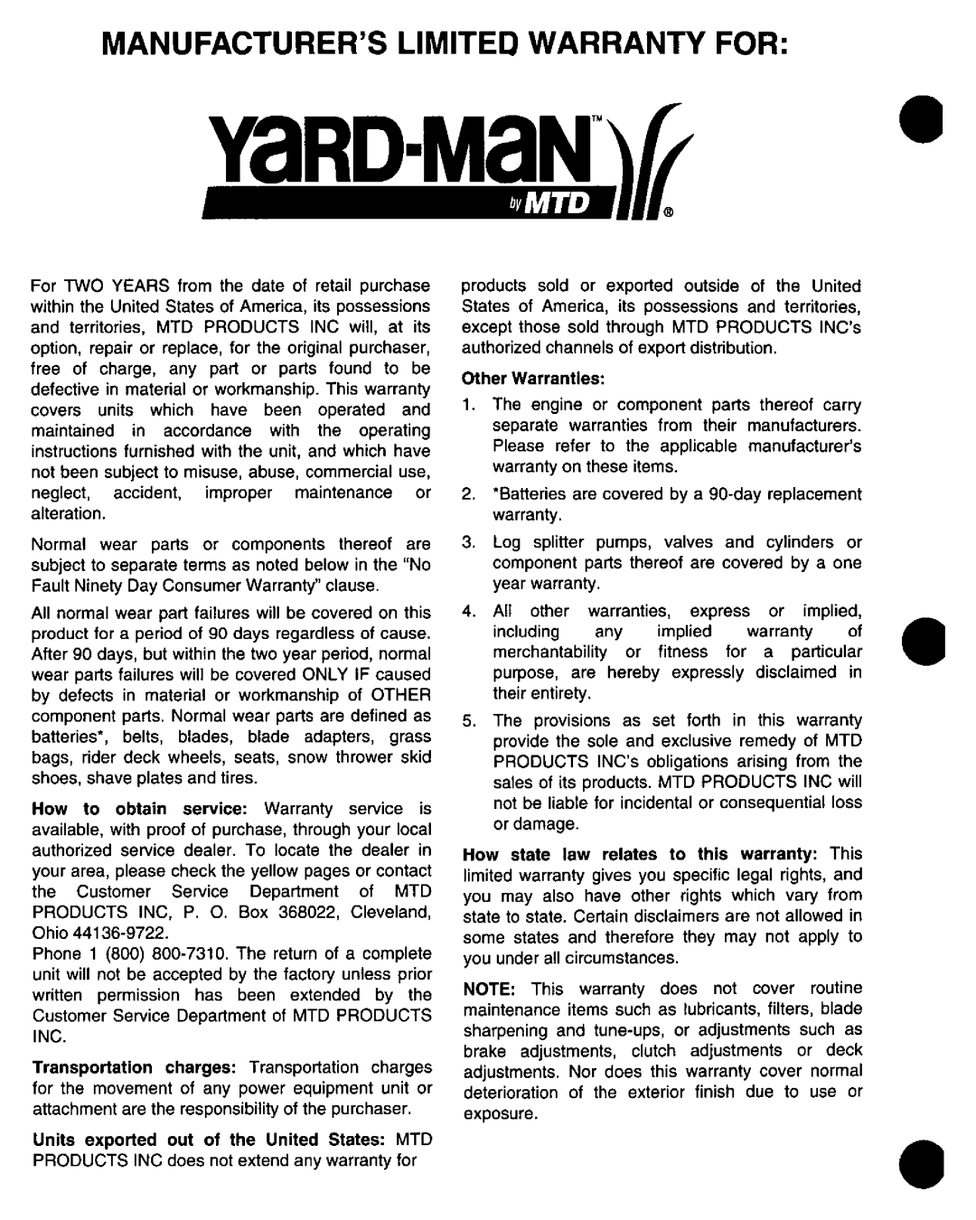 Yard-Man 11A-549C401 manual 