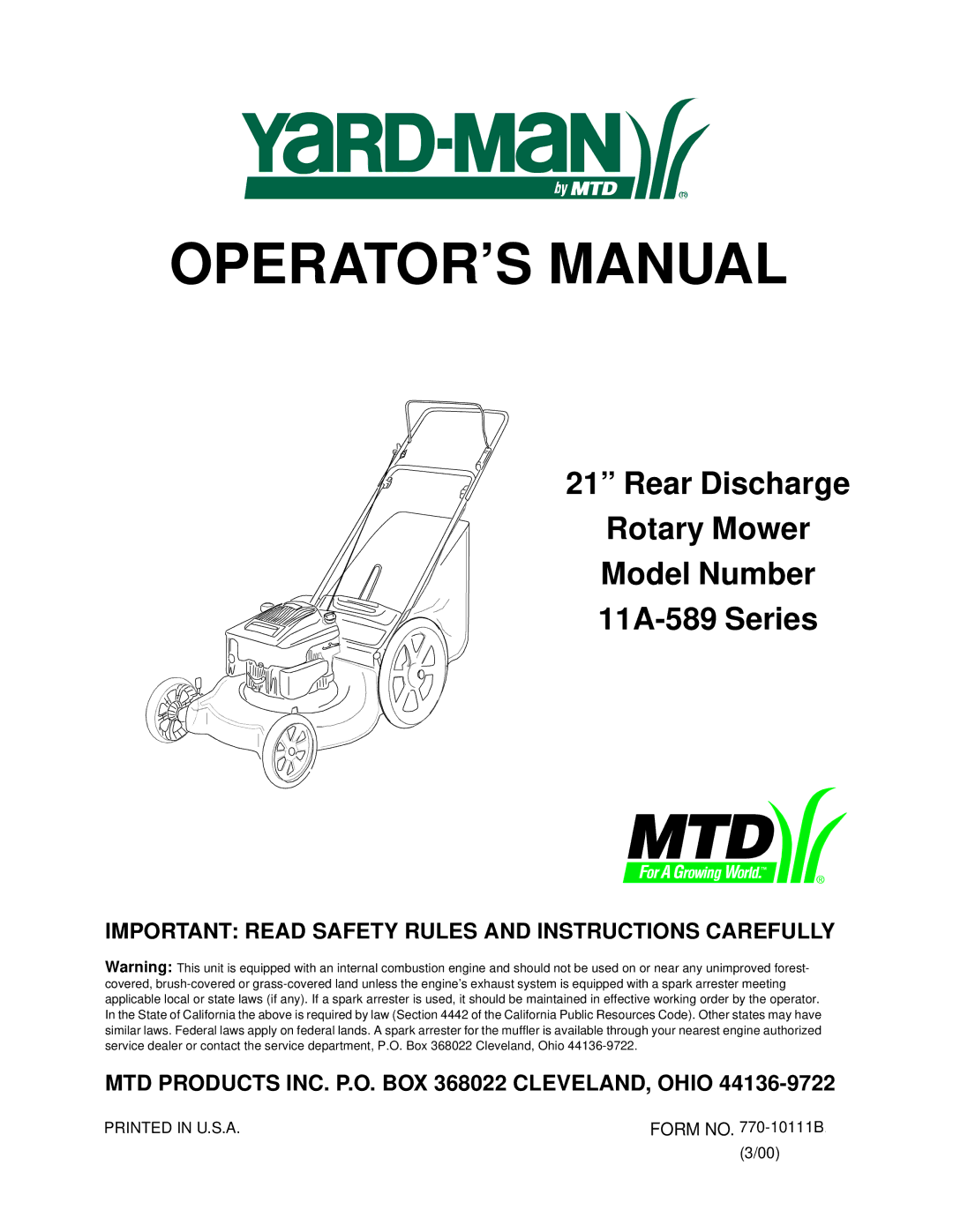 Yard-Man 11A-589 Series manual OPERATOR’S Manual 