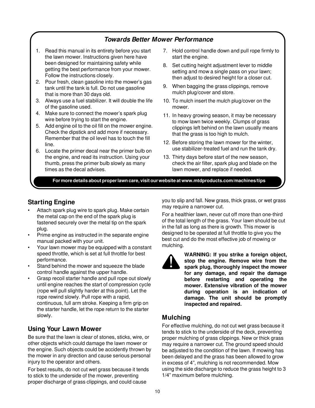 Yard-Man 11A-589 Series manual Starting Engine, Using Your Lawn Mower, Mulching 