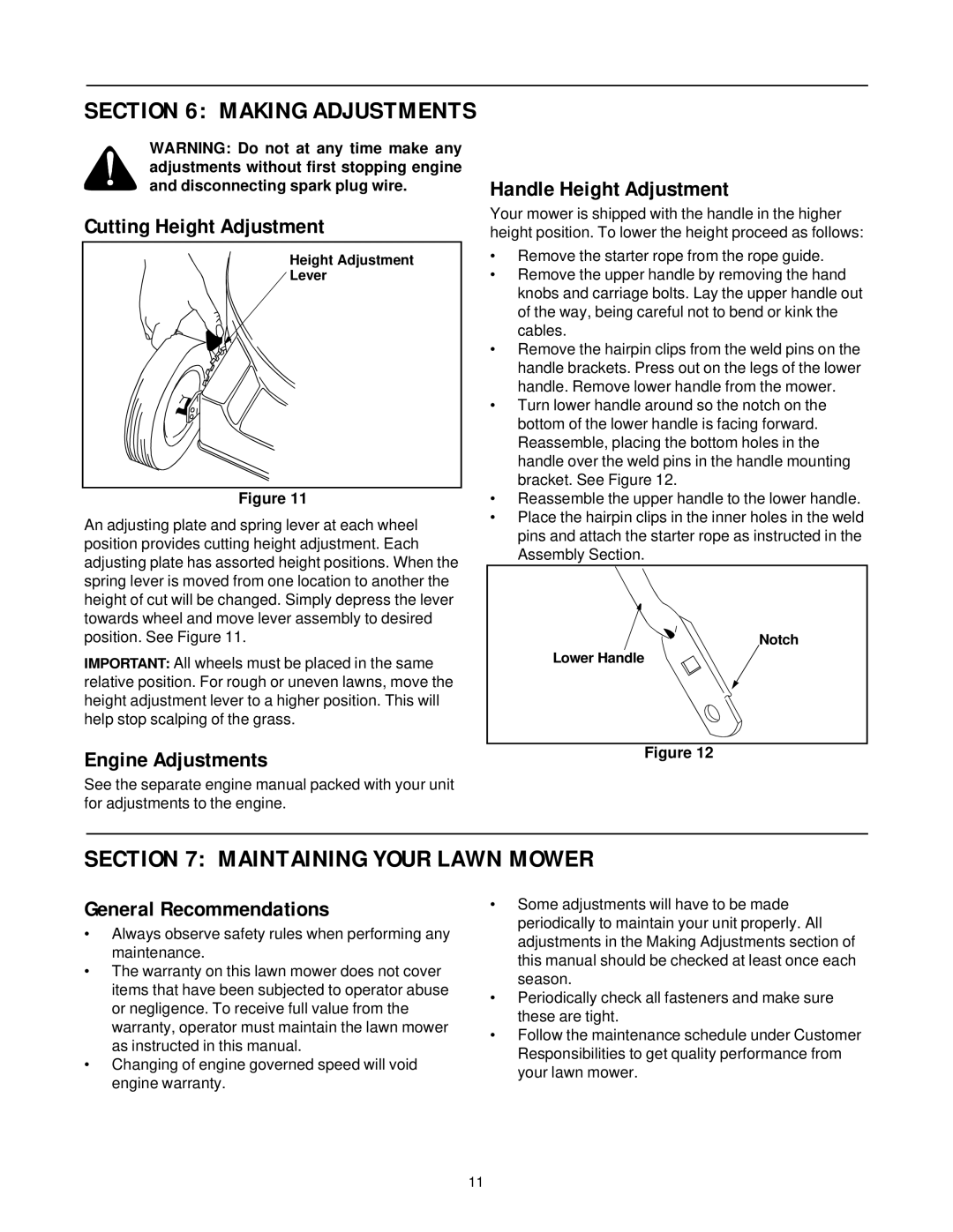 Yard-Man 11A-589 Series manual Maintaining Your Lawn Mower, Cutting Height Adjustment, Handle Height Adjustment 