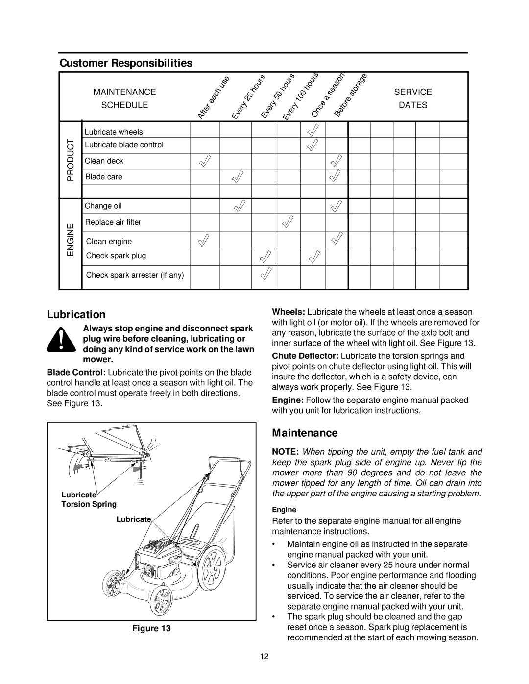 Yard-Man 11A-589 Series manual Lubrication, Maintenance, Engine 