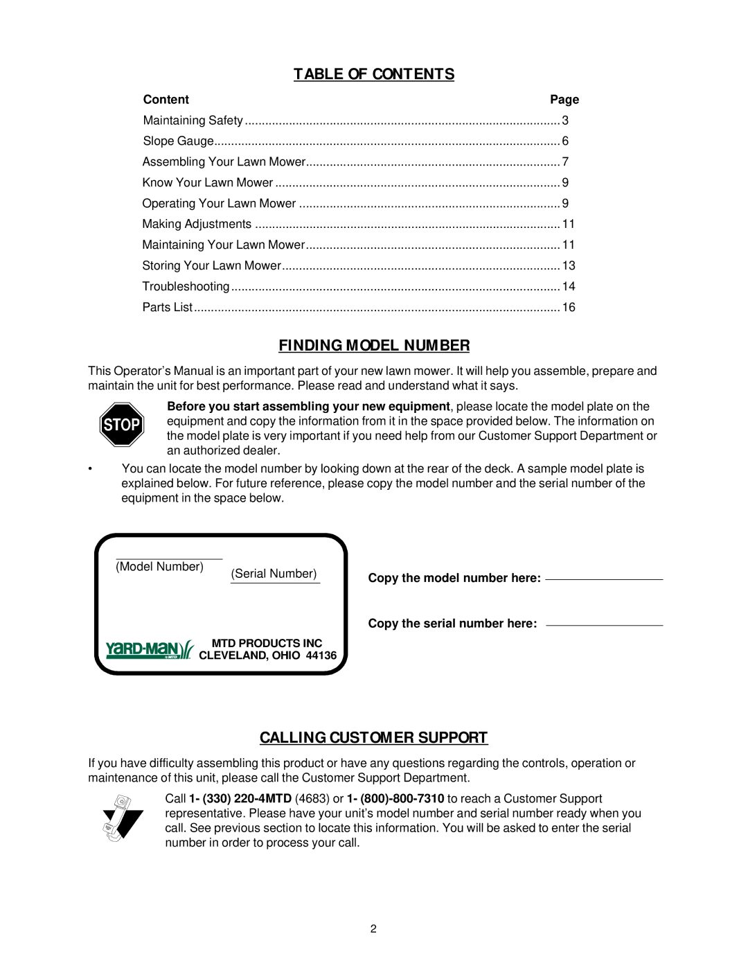 Yard-Man 11A-589 Series manual Table of Contents 