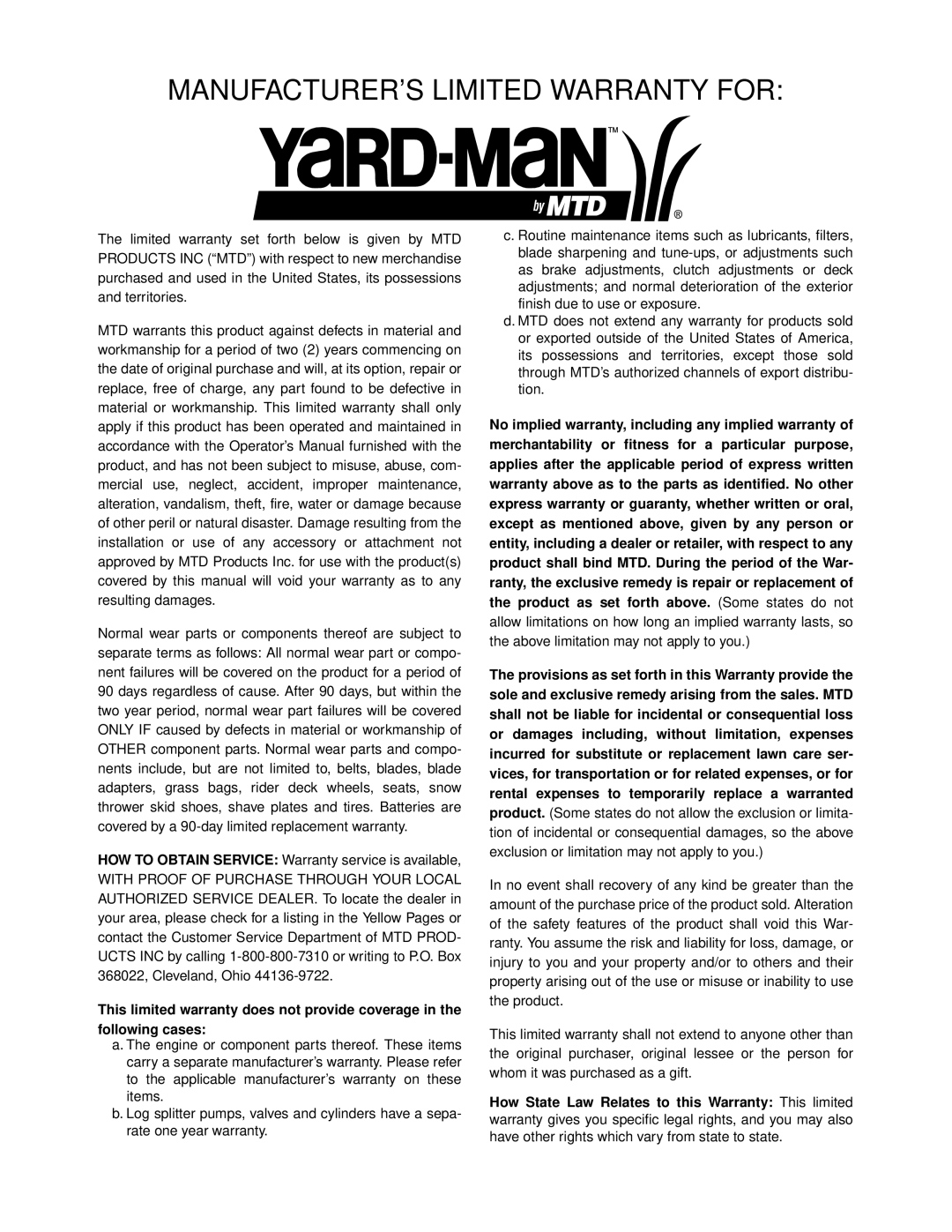 Yard-Man 11A-589 Series manual MANUFACTURER’S Limited Warranty for 