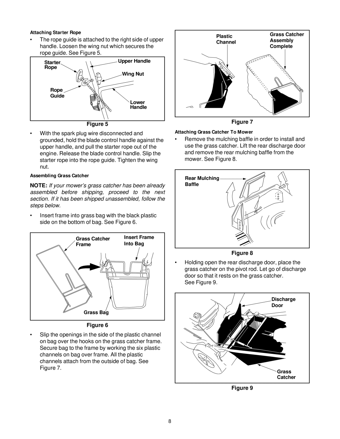 Yard-Man 11A-589 Series manual Attaching Starter Rope, Assembling Grass Catcher, Attaching Grass Catcher To Mower 