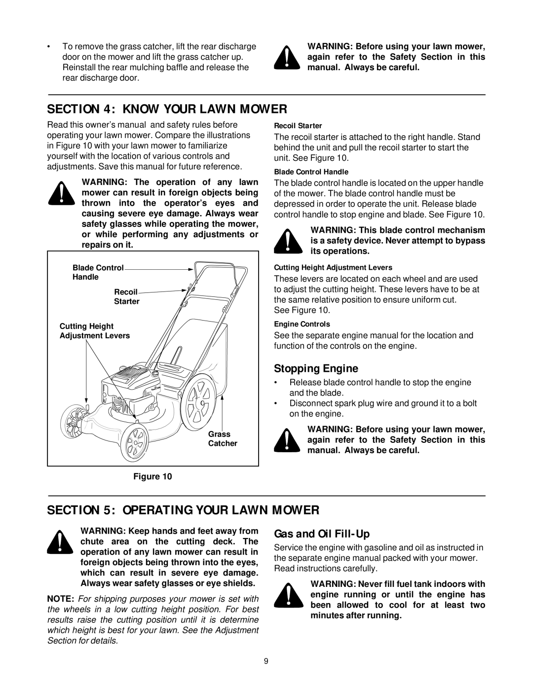 Yard-Man 11A-589 Series manual Know Your Lawn Mower, Operating Your Lawn Mower, Stopping Engine, Gas and Oil Fill-Up 