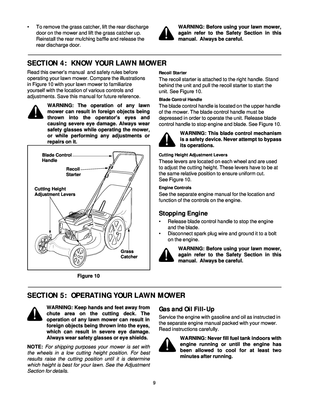 Yard-Man 11A-589 Series manual Know Your Lawn Mower, Operating Your Lawn Mower, Stopping Engine, Gas and Oil Fill-Up 