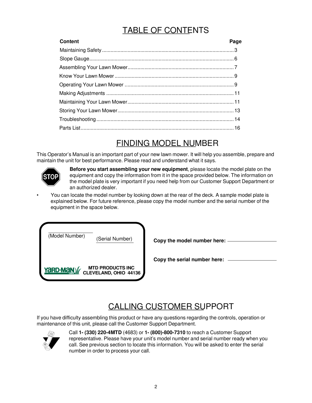 Yard-Man 11A-589C401 manual Table of Contents 