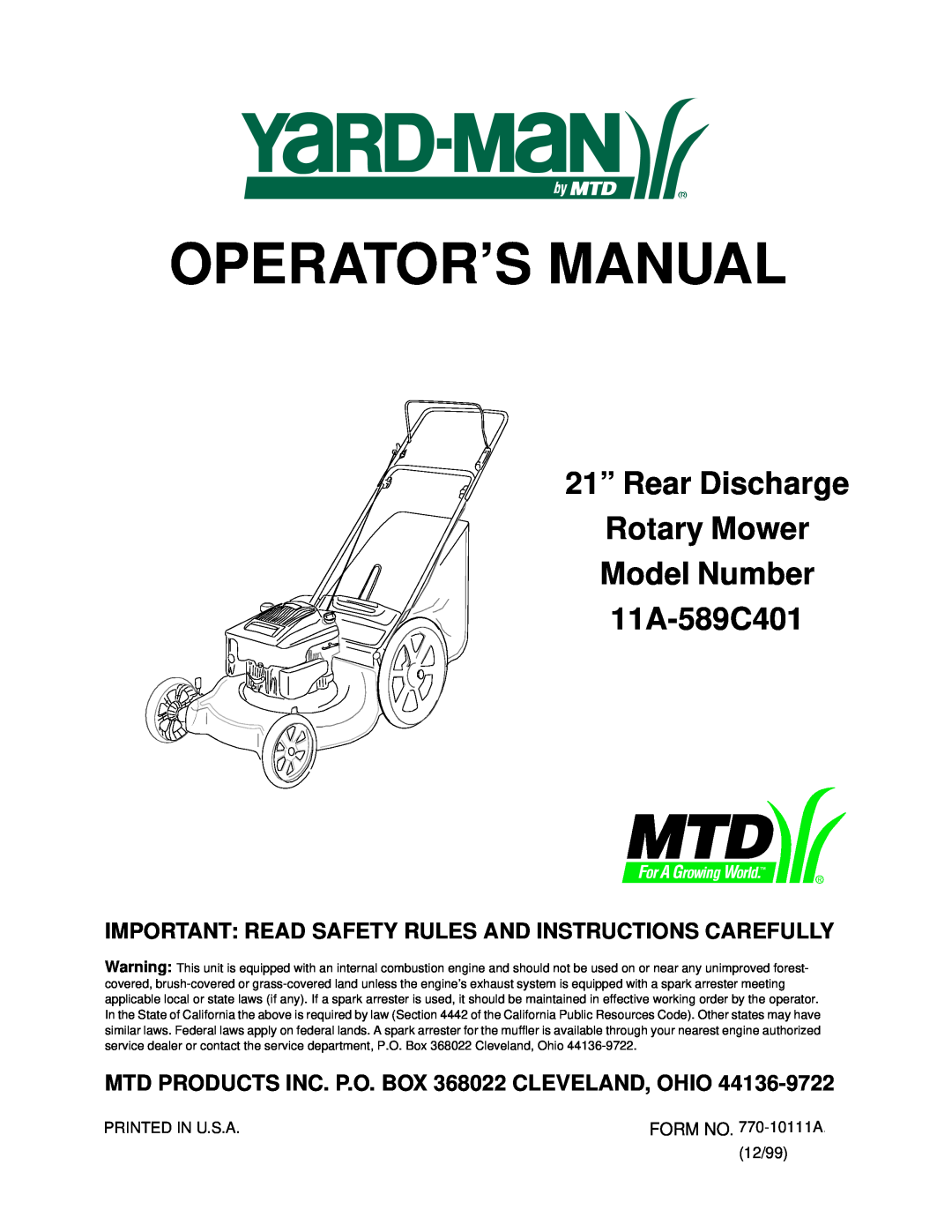 Yard-Man 11A-589C401 manual Operator’S Manual, 21” Rear Discharge Rotary Mower Model Number 