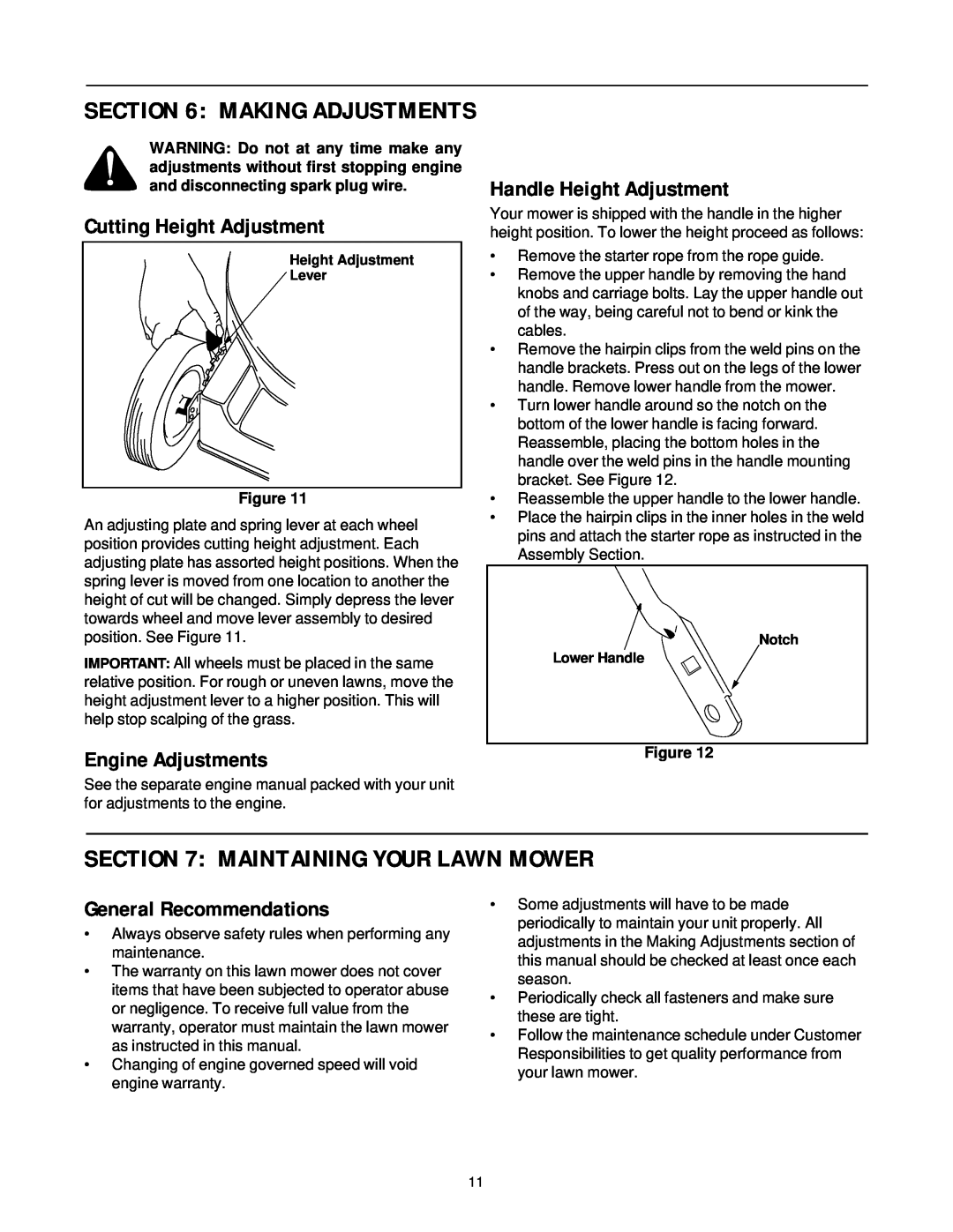 Yard-Man 11A-589C401 Maintaining Your Lawn Mower, Cutting Height Adjustment, Handle Height Adjustment, Engine Adjustments 